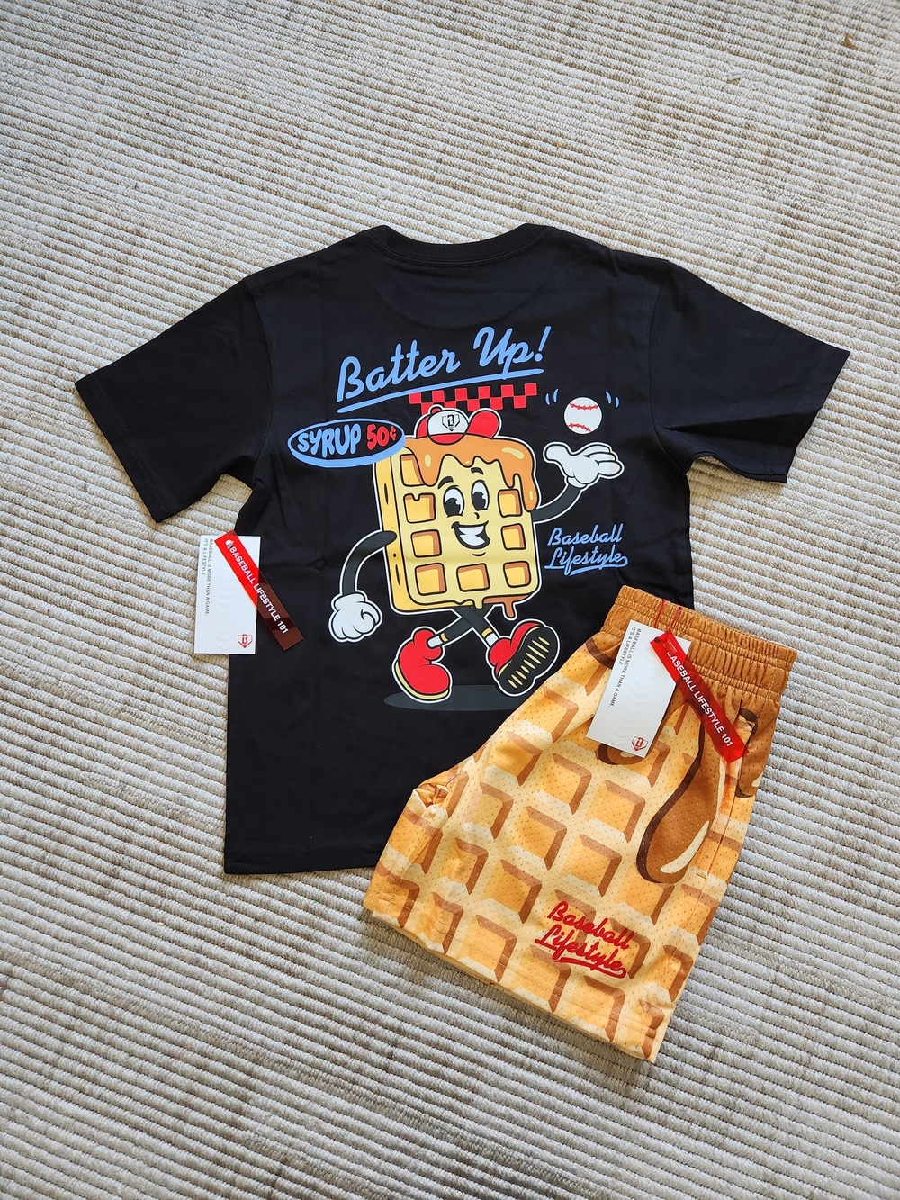 Baseball Lifestyle Kids Batter Up! Black & Waffle Print Matching Tee Set